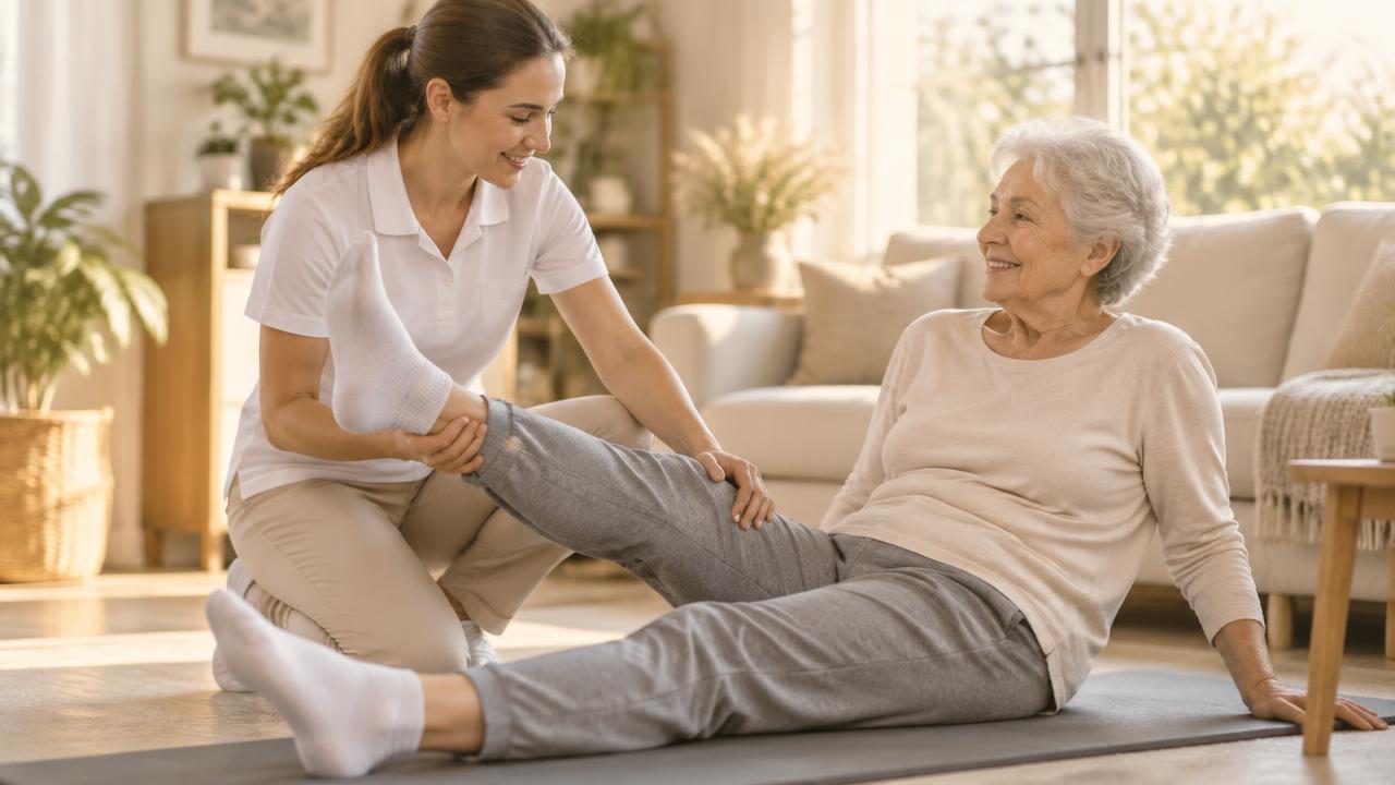 Physiotherapeutin unterstützt eine Patientin bei einer Bewegungsübung zu Hause